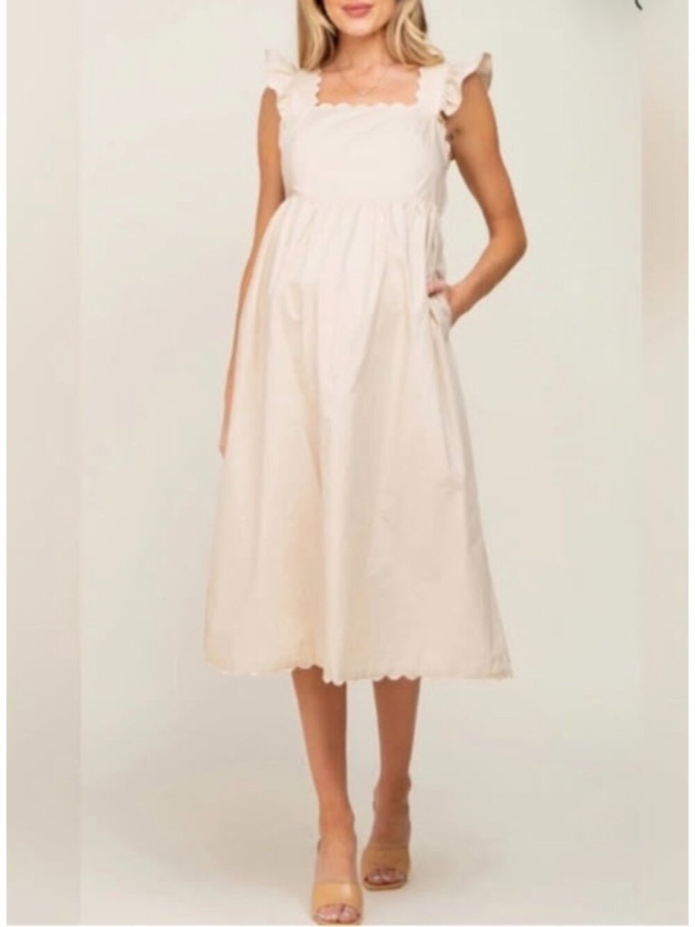 Listicle Beige Scalloped Ruffle Sleeve Cotton Maternity Midi Dress Size M - Picture 2 of 10